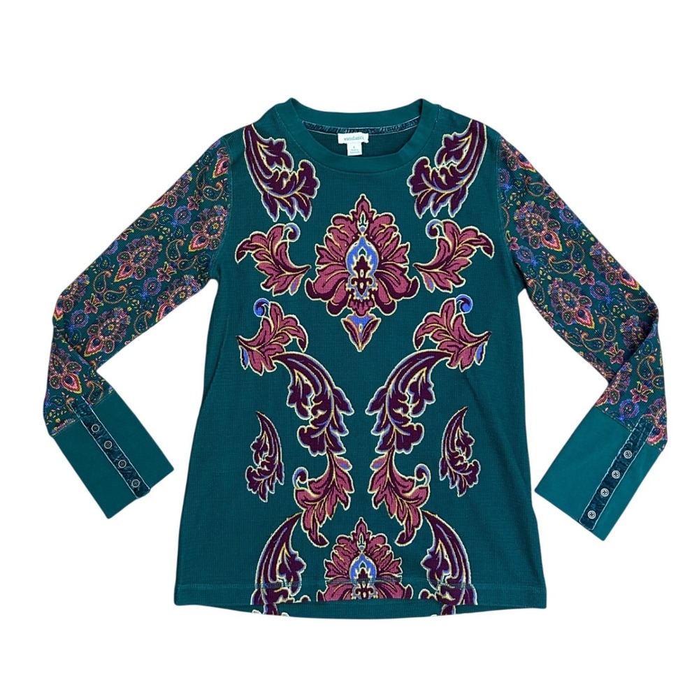 Sundance Teal Green Damask Paisley Thermal Waffle Knit Top Large Boho